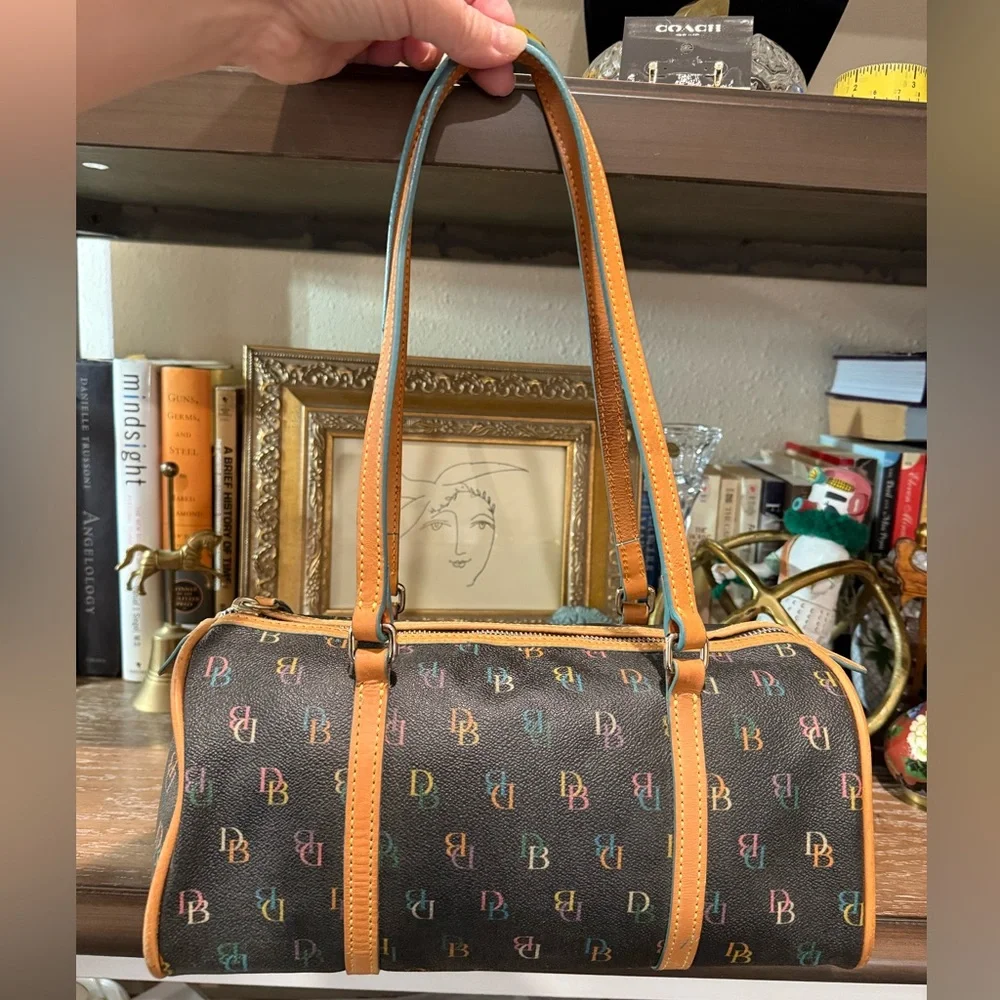 Dooney & Bourke Black Multicolor Logo Barrel Satchel with Tan Trim